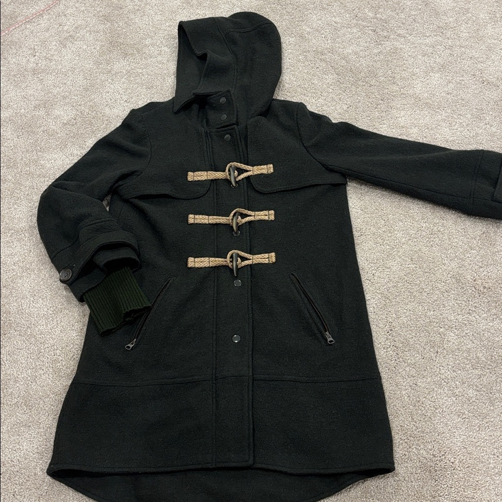 Free People Dk Olive Toggle Zip and snap front high low Wool hood Coat size XS